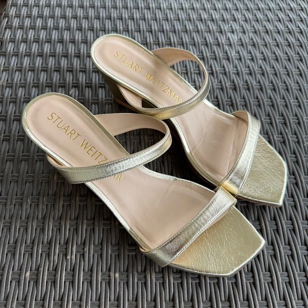 Stuart Weitzman Aleena gold, square toe wedge sandals - Picture 2 of 7